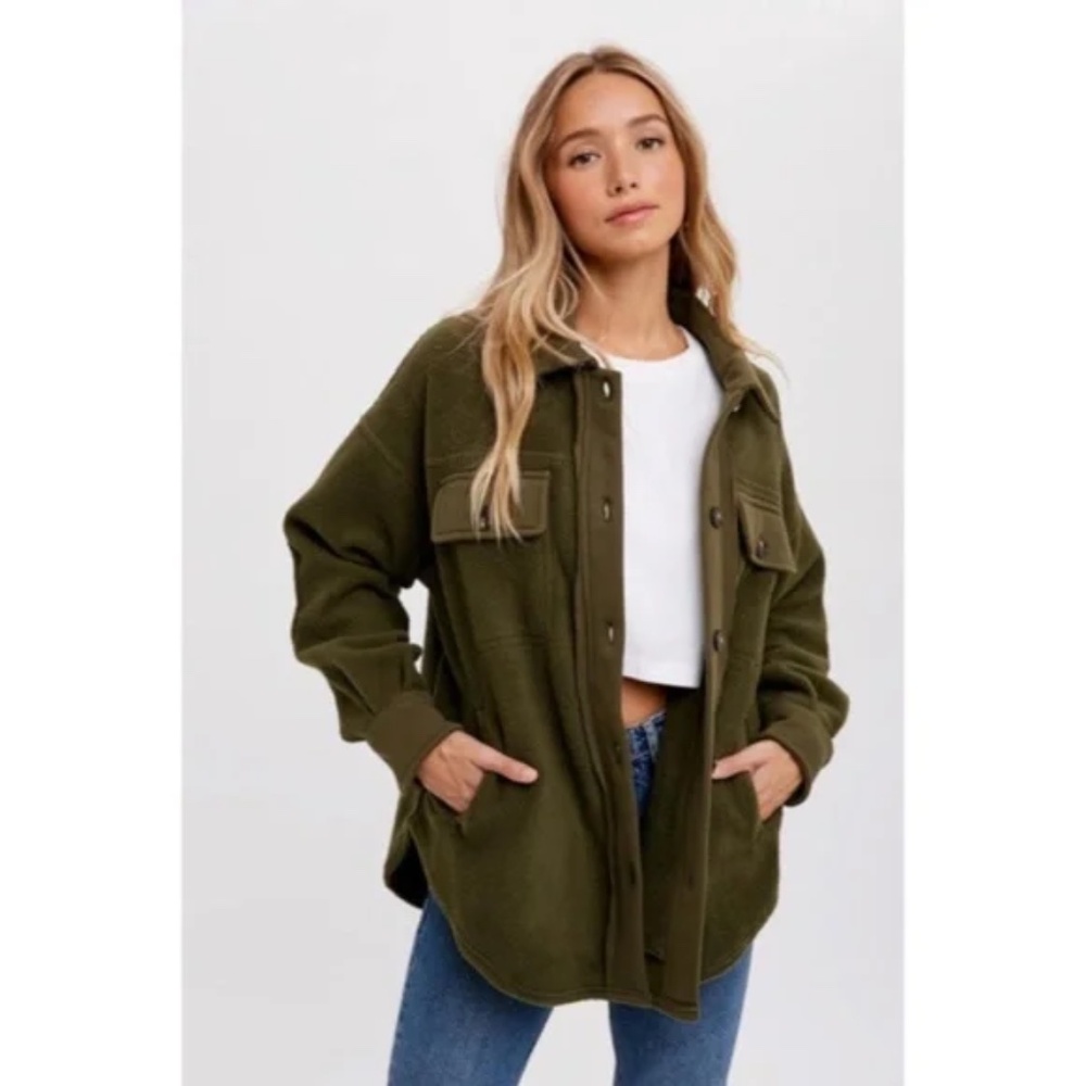 Olive Green Button Front Fleece Jacket W/ Elbow Patches & Pockets Winter Shacket - Picture 4 of 6